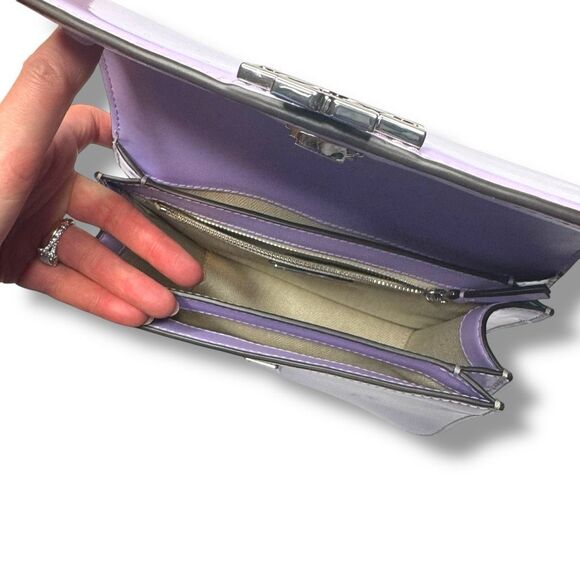 Tory Burch Purple Lavender Patent Leather Silver Logo Chain Britten Shoulder Bag - Picture 10 of 13